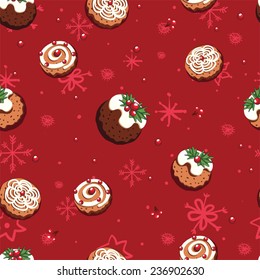 Christmas holiday seamless pattern with cookies, berries and snowflakes