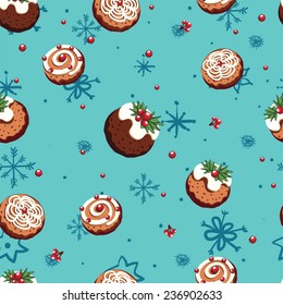 Christmas holiday seamless pattern with cookies, berries and snowflakes