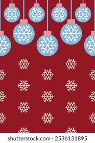 Natal Natal Padrão sem emenda elementos acolhedores, bola de neve com flocos de neve, estrela, decorações festivas em um fundo vermelho. Perfeito para cartões de saudação, papéis de parede e alegre decoração sazonal