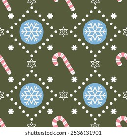 Christmas Holiday seamless pattern cozy elements, Candy cane, snowflakes, Snowball, Star, festive decorations on a green background. Perfect for greeting cards, wallpapers, and cheerful seasonal decor