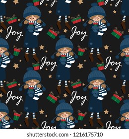 Christmas holiday seamless pattern of cute girl in winter custom with yarn hat and blue scarf hold gift box with star and Joy text on black background. Vector illustration.