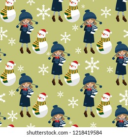 Christmas holiday seamless pattern of cute girl in winter costume holding gift box with snowman wear Santa hat and scarf on light green color background with snowflakes. Design for winter holidays.