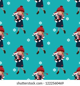 Christmas holiday seamless pattern of cute girl in winter costume holding a cat doll wear Santa hat and red scarf with snowflakes on blue background. Vector illustration. Design for winter holidays.