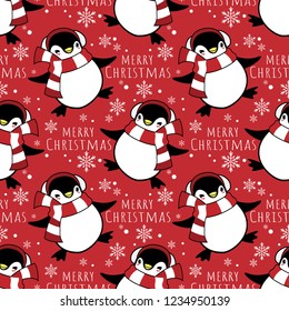 Christmas holiday seamless pattern of cute cartoon penguins wear earmuffs and red scarf with Merry X'mas text and snowflakes on red background. Design for winter holiday season wrapping papers etc. 