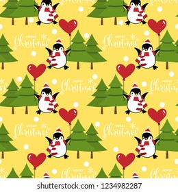Christmas holiday seamless pattern of cute cartoon penguins wear Santa hat and red scarf hold heart shape balloon with Merry X'mas text, pine trees and snowflakes on yellow background.