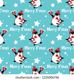 Christmas holiday seamless pattern of cute cartoon penguins wear yarn hat and red scarf hold gift box with Merry X'mas text and star on blue background. Design for winter holiday season wrapping paper