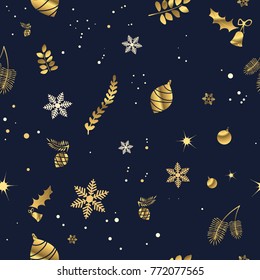 Christmas holiday seamless pattern in dark navy with golden elements