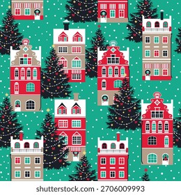 Christmas holiday seamless pattern decorated houses and Christmas trees, vector illustration.
