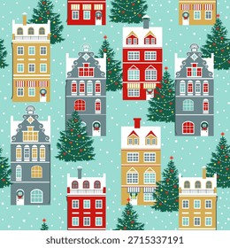 Christmas holiday seamless pattern decorated houses and Christmas trees, vector illustration.