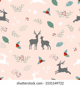 Christmas holiday seamless pattern with deer family,floral,berries,branches.Perfect for decorative,apparel,fashion,fabric,textile,print or wrapping paper,vector illustration