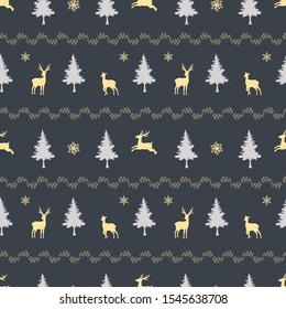 Fiestas navideñas, con familia de ciervos de fondo marrón oscuro, para decorar, celebrar fiesta, moda, tela, textil, papel de impresión o envoltura, ilustración vectorial