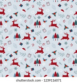 Christmas holiday seamless pattern with deers and leaves in red and blue color,for celebration party,fashion,fabric,textile,print or wallpaper
