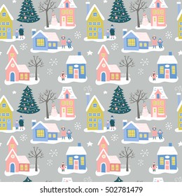 Christmas holiday seamless pattern design with houses and family. Hand drawing vector illustration