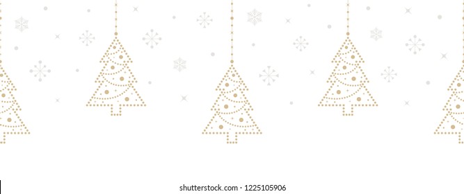 Christmas holiday seamless pattern of dotted fir-tree silhouette hangings with Christmas tree balls, garlands and snowflakes on white background. Vector illustration.