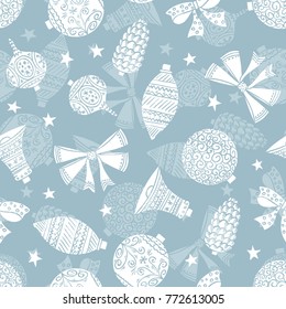 Christmas holiday seamless pattern of festive tree toys - balls and bells collection, vector endless background design 