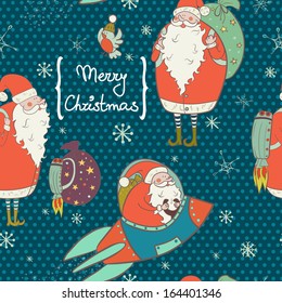 Christmas holiday seamless pattern with funny cartoon Santa and bird. Cute colorful winter collection on polka dot background. New Year design with snowflakes, Santa Claus and bird.