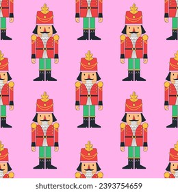 Christmas holiday seamless pattern with funny Nutcracker. Vector illustration. Colorful flat design. Modern style Christmas and Happy New Year background, card, poster, wrapping paper design with