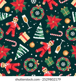 Christmas holiday seamless pattern with gingerbread man, Christmas tree, poinsettia and glass of champagne. Christmas background. Vector illustration