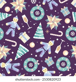 Patrón de vacaciones de Navidades sin fisuras con hombre de jengibre, árbol de Navidad, poinsettia y copa de champán. Navidades de fondo. Ilustración vectorial