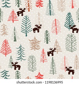 Christmas holiday seamless pattern with hand drawn reindeers, trees, and snowflakes. Vector illustration. Scandinavian style background. Fabric, paper, card, web banner, invitations, wrapping, decor