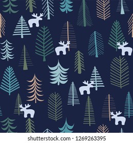 Christmas holiday seamless pattern with hand drawn reindeers, trees, and snowflakes. Vector illustration blue