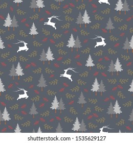 Christmas holiday seamless pattern with hand drawn reindeers in the forest,for decorative,apparel,fashion,fabric,textile,print or wallpaper,vector illustration