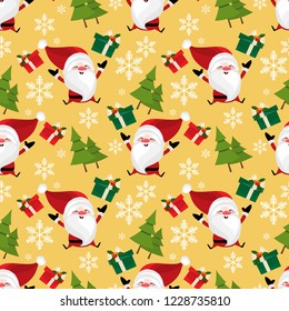 Christmas holiday seamless pattern of happy Santa Claus with gift box, snowflakes and pine trees on yellow background. Design for winter holidays greeting background or wrapping papers etc.