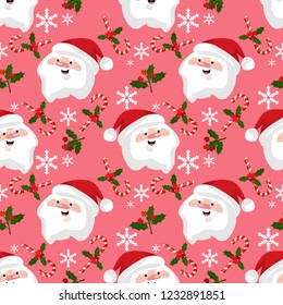 Christmas holiday seamless pattern of Happy Santa Claus with holly berries branches, candy cane and snowflakes on pink background. Design for winter holiday season background and wrapping papers etc. 