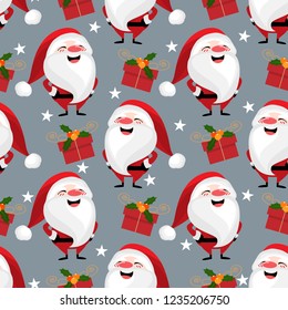 Christmas holiday seamless pattern of happy Santa Claus, gift box with holly berries branch on ribbons and star on gray background. Design for winter holiday season background and wrapping papers etc.