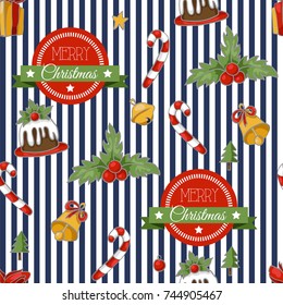 Christmas holiday seamless pattern on a striped background. Hand drawing vector illustration