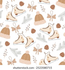 Christmas holiday seamless pattern with pairs of skates, stylish winter hats, pine cones and branches, berries, holiday bows.