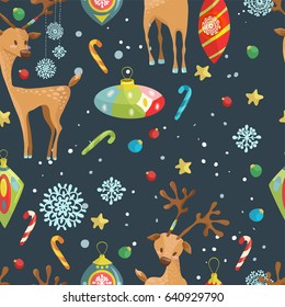 Christmas holiday seamless pattern with reindeer, snowflakes and toys. Hand drawing  illustration for card or wrapping paper desigh, Vector