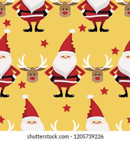 Christmas holiday seamless pattern of Santa Claus with cute reindeer and red star on yellow background. Vector illustration for winter holidays season.