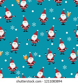 Christmas holiday seamless pattern of Santa Claus hold a gift box with snowflakes on blue background. Design for winter holidays greeting season. Vector illustration.