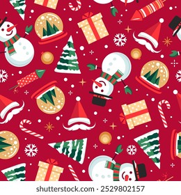 Christmas holiday seamless pattern with Santa Claus, Christmas tree, snowman and candy cane. Christmas background. Vector illustration