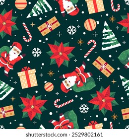 Christmas holiday seamless pattern with Santa Claus, Christmas tree, poinsettia and candy cane. Christmas background. Vector illustration