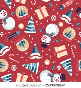 Patrón de vacaciones de Navidades sin fisuras con Santa Claus, árbol de Navidad, muñeco de nieve y bastón de caramelo. Navidades de fondo. Ilustración vectorial