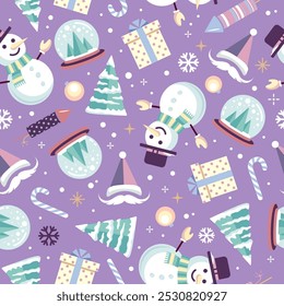 Christmas holiday seamless pattern with Santa Claus, Christmas tree, snowman and candy cane. Christmas background. Vector illustration