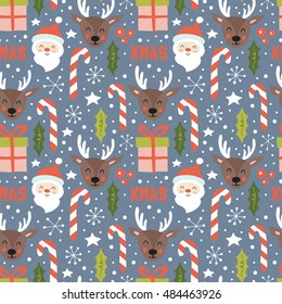 Christmas Holiday Seamless Pattern With Santa And Reindeer. Hand Drawing Vector Illustration