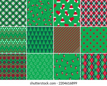 Patrón ininterrumpido de las vacaciones de Navidad. Un conjunto de adornos verdes. Textura para tela, envoltura, papel pintado, fondo