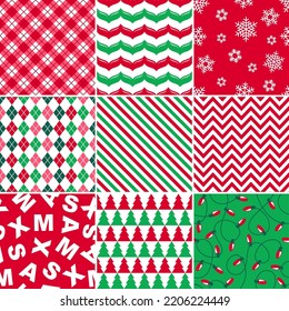 Weihnachtsferien nahtlos Muster. Eine Reihe von traditionellen roten grünen Ornamenten. Textur für Gewebe, Umhüllung, Hintergrund