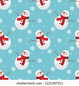 Christmas holiday seamless pattern of snowman wear red scarf and happy snowflakes on blue background. Design for winter holidays greeting season, wrapping papers etc. Vector illustration.