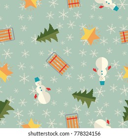 Christmas holiday seamless pattern with snowman star sleigh and fir tree flat vector illustration