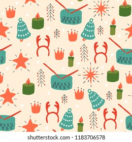 Christmas Holiday Seamless Pattern with Toys. Xmas winter poster collection
