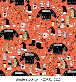 Christmas holiday seamless pattern with ugly sweater, stocking, candy cane, holly berry, santa hat isolated. Hand drawn doodle flat illustration. For cards, prints, packaging, banners.