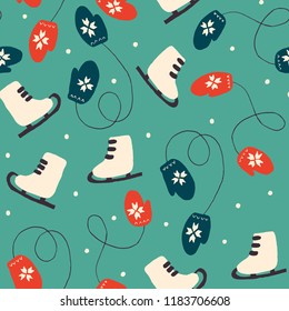 Christmas Holiday Seamless Patterns with Skates and Mittens. Xmas winter poster collection