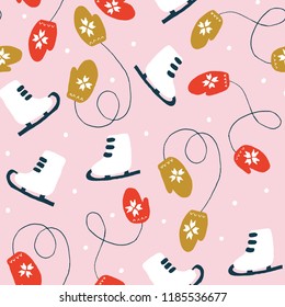 Christmas Holiday Seamless Patterns with Skates and Mittens. Xmas winter poster collection
