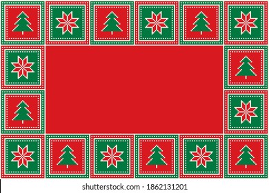 Christmas Holiday Seamless Pixel Pattern. Christmas Trees and Snowflakes Squared Ornament with a Place for the Greeting Text or Logo