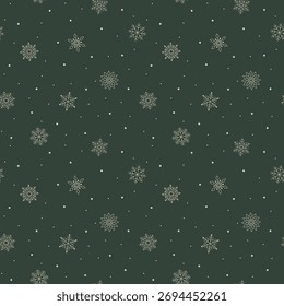 Christmas holiday seamless snowflake pattern on green, vector illustration. New Year's winter pattern template for wallpaper, cover, wrapping paper, fabric. Graphic design element