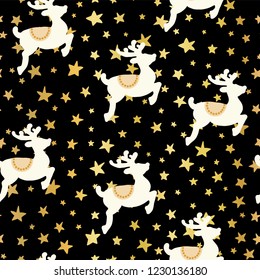 Christmas holiday seamless vector pattern with hand drawn white reindeer and gold foil stars on black. Elegant Holiday background for paper, greeting card, invitations, wrapping, poster, web banners